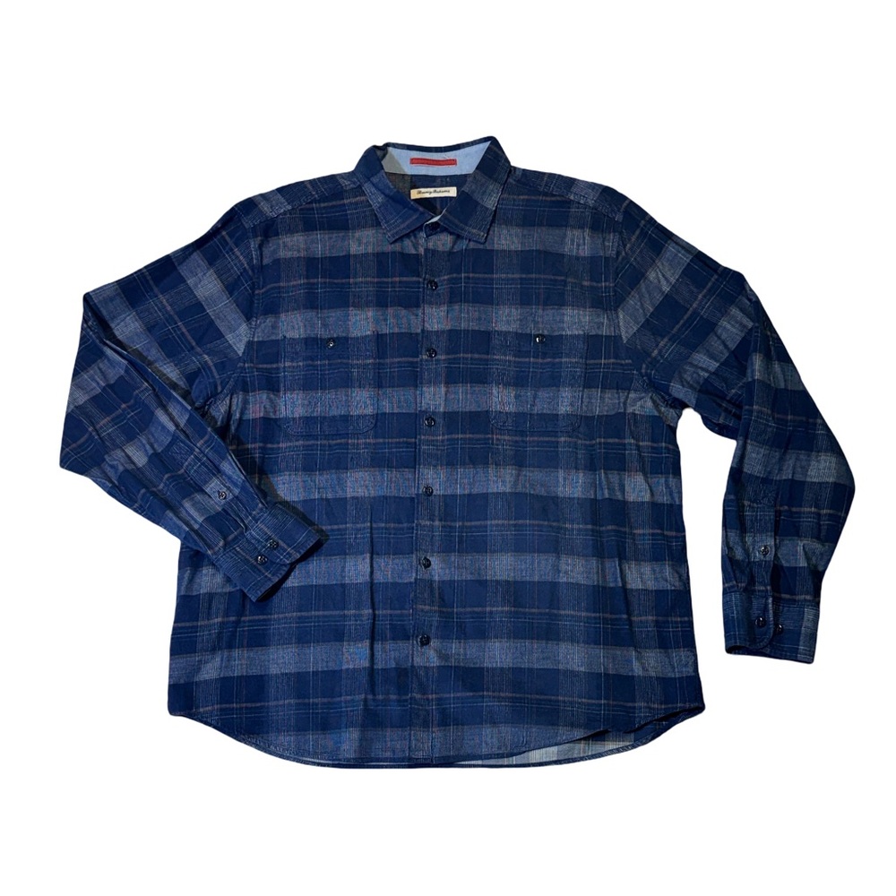 Tommy Bahama mens XL blue plaid regular fit corduroy button up casual shirt EUC